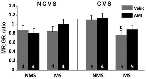 Figure 4. Ratio of density of mineralocorticoid: glucocorticoid receptor-immunoreactive neurons (MR:GR). Data are for dentate gyrus of non-maternally separated (NMS) and maternally separated (MS) rats submitted to chronic variable stress (CVS) or not (NCVS) under amitriptyline (10 mg/kg; AMI) or vehicle (Vehic) treatment. Data are mean + SEM. Number of rats per group is included inside each bar. Significant difference (ANOVA followed by the LSD post hoc test): c, p < 0.05 versus respective NMS group.