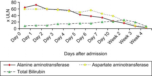 Fig. 1.  Schematic presentation of alanine aminotransferase, aspartate aminotransferase and total bilirubin during and after hospitalization of patient.