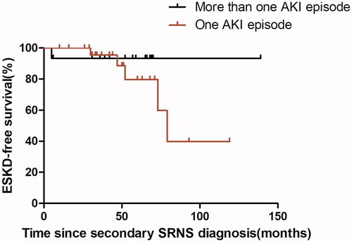 Figure 3. Kaplan–Meier survival curves for renal outcome in more than one AKI episode and one AKI episode hospitalized children with secondary SRNS.