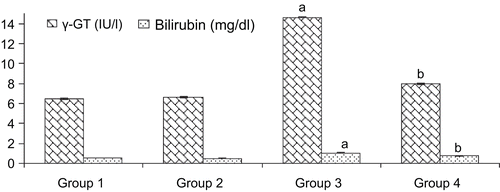 Figure 2.  Levels of serum γ-GT and bilirubin in control and experimental groups of rats. Values expressed as mean ± SD, n = 6. ap < 0.05 compared with group 1; bp < 0.05 compared with group 3. Group1, control (only vehicle); group 2, ASE (400 mg/kg alone); group 3, d-GalN and LPS 300 mg/kg and 30 µg/kg intoxicated; group 4, pretreatment of ASE 400 mg/kg and d-GalN/LPS.