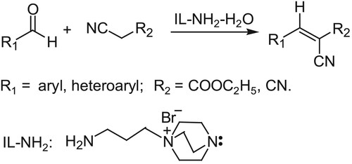Scheme 1. Knoevenagel reactions promoted by the functional ionic liquid IL-NH2.