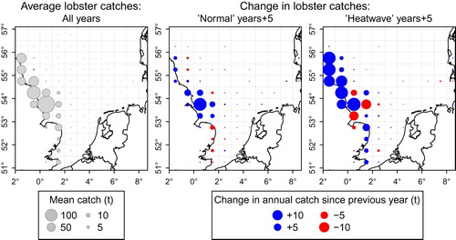 Figure 3.2.2. Left panel: average annual catches of European lobster (indicated by sizes of grey symbols). Middle and right panels: Change in annual catch of European lobster since the previous year (blue: increase; red: decrease), 5 years later than ‘typical’ years (middle) and 5 years later than the ‘heatwave’ years of 1998, 2002, 2003, 2006 and 2007. Sizes of blue and red symbols proportional to the change in catch per rectangle since the previous year (product reference 3.2.3).