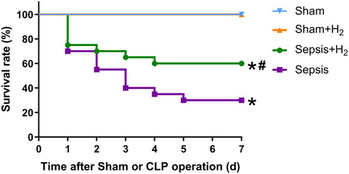Figure 1 H2 inhalation meliorated the 7-day survival rates in septic mice. The survival rates of mice were monitored for 7 days (n = 20). *P < 0.05 versus Sham group, #P < 0.05 versus Sepsis group.