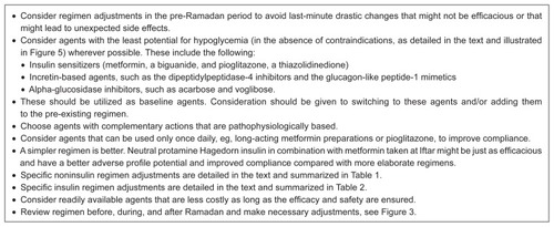 Figure 4 Principles of antihyperglycemic therapeutic regimen adjustments in people with type 2 diabetes mellitus who are fasting for Ramadan.
