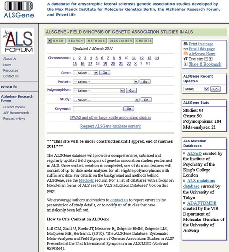 Figure 5. Screenshot of the ALSGene homepage (www.alsgene.org).