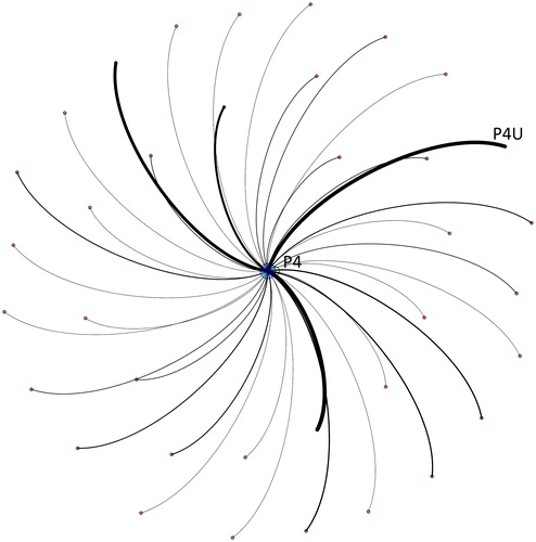 Figure 4. P4 Gephi visualisation. Key: P4 = participant 4 node; P4U = undirected tweets from the participant's handle to all followers (not mentioning any other profiles).