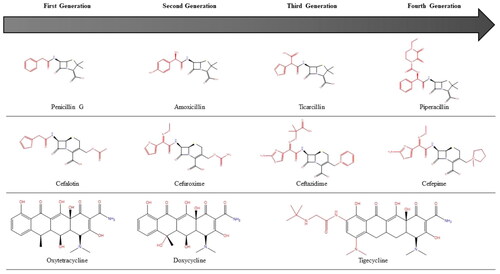 Figure 2. Successive generations of major antibiotic classes over time. Black bonds represent the original skeletal structure while red bonds are structural changes.