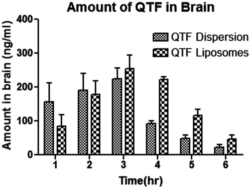 Figure 5. Amount of QTF in brain homogenate (ng) of simple and liposomal dispersion (n = 3).