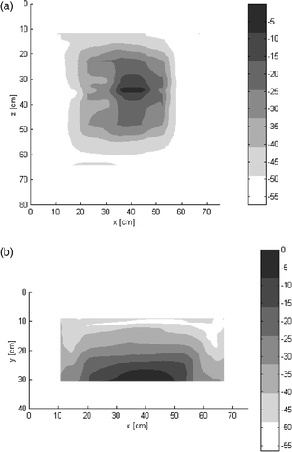Figure 2. Experimental normalized distribution of 3D SAR (in dB) of beta-type antenna, (a) on a parallel plane 1 cm under the bolus; (b) on a perpendicular plane. The numerical analysis was performed by BEST, a proprietary FDTD code. Dielectric parameters of various materials were: Bolus: ε (relative dielectric constant) = 78, σ (S/m) (electrical conductivity) = 0.04; Muscle: ε = 56.86, σ (S/m) = 0.8; Applicator substrate: ε = 2.17, σ (S/m) = 0.18.