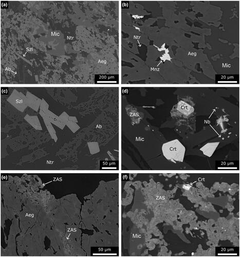 Figure 4. Backscattered electron images of outcrop nundorite samples. (a) Major and minor minerals in sample MA0802. (b) Monazite in interstices of aegirine, sample MA0804. (c) Euhedral schizolite and skeletal albite intergrown with matrix natrolite of sample MA0802. (d) Accessory REE and Zr phases in sample Nund-1. (e) Zr alkali silicate intergrown with aegirine in sample Nund-1. (f) Complexly zoned Zr alkali silicate associated with microcline and cerite-group minerals in sample MA0802. Mineral abbreviations: Aeg, aegirine; Crt, cerite-group mineral; Mnz, monazite; Nb, unidentified Nb-rich mineral; Ntr, natrolite; Mic, microcline; ZAS, zirconium alkali silicate.