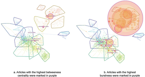Figure 5. Nodes with the highest centrality and burstness in the co-citation network.