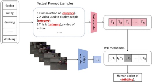 Figure 2. Our approach involves joint training of a video encoder and a text encoder to estimate the correct pairings for a set of training examples that consist of video frames and corresponding texts. During the testing process, the zero shot/few shot classifier calculates similarity scores of video frames and descriptions of the target actions' classes.