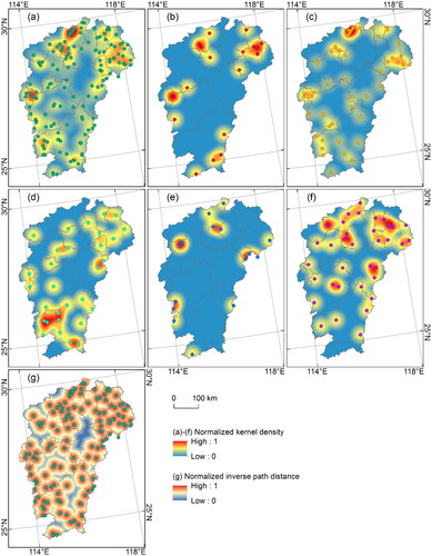 Figure 4. Spatial pattern of natural tourism resources in Jiangxi Province. (a) Normalized kernel density of natural tourist attractions distribution; (b) national scenic area; (c) national forest park; (d) national wetland park; (e) national nature reserve; (f) water conservancy scenic area; and (g) Normalized inverse path distance of natural tourist attractions distribution.