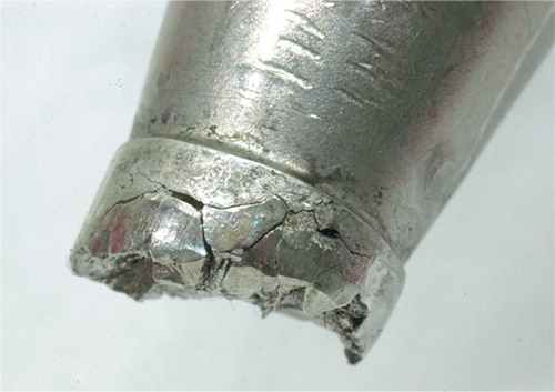 Figure 2. Intergranular cracking on the superior tensile surface of the trunnion. Note the large grains.