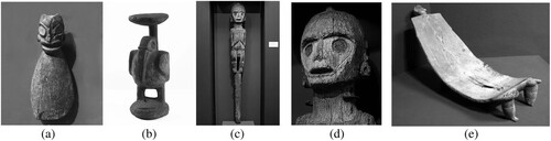 Figure 7 Four cosmologically charged wooden artefacts from Jamaica: (a) Cemí spoon, 14 cm high, lignum vitae (Guaiacum sp.), Aboukir cave (St Ann Parish); (b) Pelican cohoba statue, 63 cm high, lignum vitae (Guaiacum sp.), Aboukir cave (St Ann Parish); (c) Cemí staff, 150 cm high, Protium or Bursera wood, Aboukir cave (St Ann Parish); (d) detail of the cemí staff; (e) Duho (ceremonial seat), lignum vitae (Guaiacum sp.), cave (St Catherine Parish).Images courtesy of the National Gallery of Jamaica