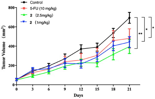 Figure 5. The effects of compound 2 (1 mg/kg, 2.5 mg/kg) and 5-FU (10 mg/kg) on the tumour volume of mice. *p < 0.05, and **p < 0.01 compared with Control group.