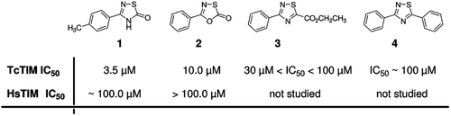 Figure 1.  Chemical structure of 1,2,4-thiadiazol derivatives and the previously studiedCitation12 1,3,4-oxathiazol. Derivatives 1 and 2 were also analyzed against HsTIM showing at least 10-fold selectivity for TcTIM.