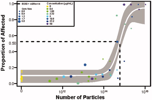 Figure 4. Toxicity evaluated amongst all core sizes based on the number of particles. A model is fit to all the TMAT-AuNP data with the varying color representing different mass concentrations. The size of the dot represents the core size of the particle. An effective concentration that resulted in 50% effect (EC50) is depicted with the dotted line. The 95% confidence interval of the fitted model is illustrated in gray, with the white line representing the predicated logistic model curve. The x-axis is the number of particles per mL, while the y-axis is the proportion of affected individuals when exposed to TMAT-AuNPs.