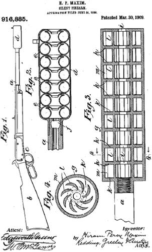 Figure 1. Maxim silencer design, patent submitted June 26, 1908 (Maxim Citation1909).