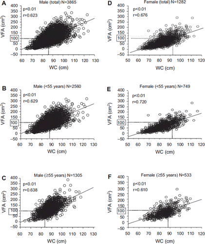 Figure 4. Correlation between waist circumference (WC) and VFA for all males (A), young males (age < 55, B), old males (age ≥ 55, C), all females (D), young females (age < 55, E), and old females (age ≥ 55, F). WC was measured at the level of the umbilicus with a non-stretchable tape in late expiration while standing (in cm) according to the Examination Committee of Criteria for ‘Obesity Disease’ in Japan (Citation19).