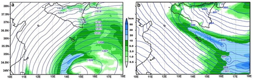 Figure 4.2.1. Synoptic conditions and precipitation (in mm over 3 h) predicted for (a) 4 am on 24 February 2019, and (b) 1 am on 14 December 2019, in the Central Mediterranean. Time in GMT +1. Isolines show curves joining points of equal atmospheric pressure in millibars. Precipitation in mm represents accumulated values over 3 h. Product 4.2.6 with data elaboration from the MARIA/eta model run by the Physical Oceanography Research Group, University of Malta.