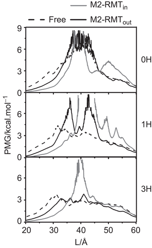 Figure 6.  The potential of mean force (PMF) of the excess proton along the pore channel axis (L) starting from the N-terminal site for the three protonation states, 0H, 1H and 3H of the free M2 (dashed line) and RMT complexes where the four RMTs were located outside (black solid line, M2-RMTout) and inside the ion channel (grey solid line, M2-RMTin).