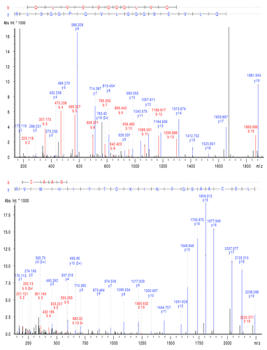 Figure 4. MS/MS spectra of peptide HT01 and HT02 illustrating the amino acid sequence retracing in the variable domain. Experimental conditions: see material and methods.