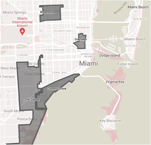 Figure 3. Annotated map of Miami showing relative positions of Coral Gables, Coconut Grove, Brownsville (including Liberty City) and Overtown (formerly Colored Town).