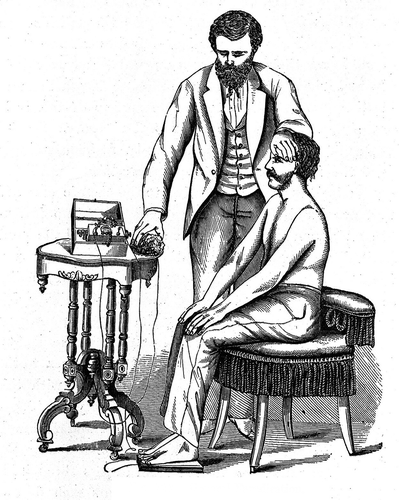 Figure 2. An illustration of electrotherapy (general faradization), a commonly used treatment for neurasthenia. Julius Althaus, 1873. Courtesy of the Wellcome Collection.