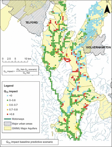 Fig. 3 Assessment of likely ecological status of streams in WMW model area using local hydro-ecological relationship at Q75 (Bradley et al. Citation2013). Colour coding of green, yellow and red is the same as categories described in the text. Blue areas show reaches where the flow under the recent actual scenario is greater than the naturalized flow; these increased flows are predominantly due to sewage discharges.