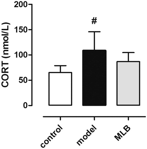 Figure 5. Effects of MLB on CORT levels in the serum. MLB, magnesium lithospermate B; CORT, corticosterone. Values are expressed as the mean ± S.D. n = 8. Significance was determined by ANOVA followed by Tukey’s test. #p < 0.05 versus the control group, *p < 0.05 versus the model group.
