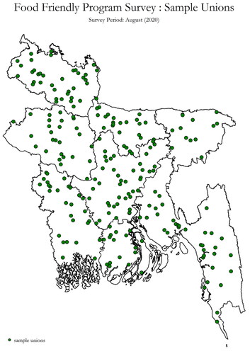 Figure A1. Map of Bangladesh Showing the 175 Survey UPZs of Food Friendly Program Survey.