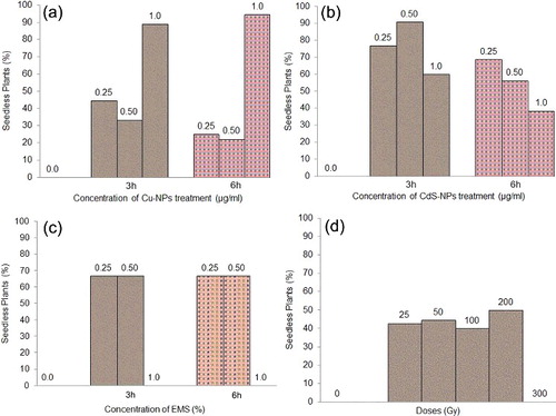 Figure 6. Frequency (%) of seedless plant at MI. (a) Cu-NPs. (b) CdS-NPs. (c) EMS. (d) Gamma irradiations.