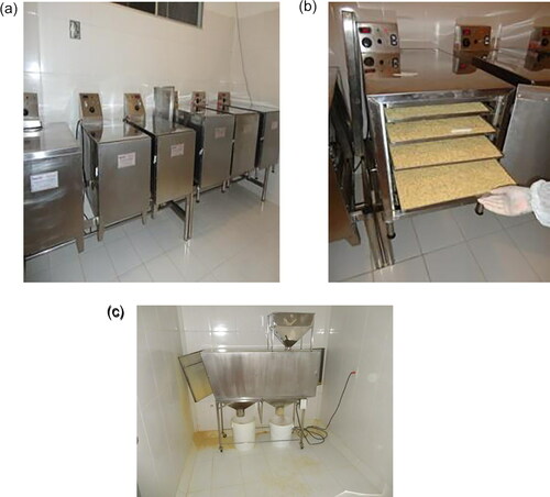 Figure 7. Example of a warehouse for bee pollen production in Brazil. This is one of the largest in Latin America, located in the state of Bahia, northeast Brazil. The main source of pollen is the coconut palm, achieving high standards of excellence and quality of the product: (a) Dehydration room 40 °C; (b) distribution trays; (c) aeration of the dehydrated product room.