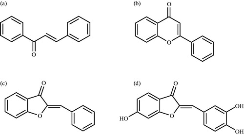 Figure 1. The chemical structures of (a) chalcone, (b) flavone, (c) aurone, (d) sulfuretin.