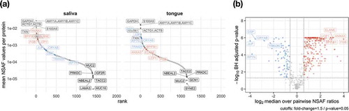 Figure 7. The coverage of the dynamic range of human proteins is shown by plotting the mean relative abundance for saliva and tongue (a). The human proteins are named according to their gene names and show for saliva and tongue a selection of proteins with highest and lowest abundances (grey). Data points in red and blue display proteins with a fold change > 1.5 and a p-value < 0.5 (paired Wilcoxon signed rank test) comparing saliva and tongue (a). Proteins with the largest changes are highlighted with their gene names (A/B).