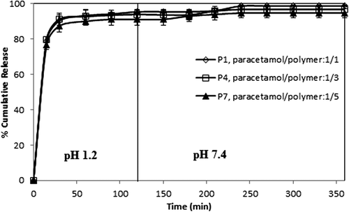 Figure 7. Effect of paracetamol/polymer ratio on paracetamol release. CS-g-PAAm concentration: 1%, amount of GA: 2 mL, exposure time to GA: 2 h.