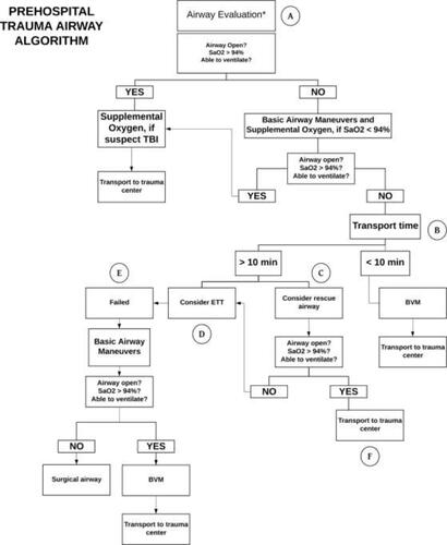 Figure 1. Prehospital adult trauma airway management algorithm (Citation19). Adapted from Brown CVR, Inaba K, Shatz DV, Moore EE, Ciesla D, Sava JA, Alam HB, Brasel K, Vercruysse G, Sperry JL, et al. Western Trauma Association critical decisions in trauma: airway management in adult trauma patients. Trauma Surg Acute Care Open. 2020;5(1):e000539. This is an open access article distributed in accordance with the Creative Commons Attribution Non Commercial (CC BY- NC 4.0) license, which permits others to distribute, remix, adapt, build upon this work non- commercially, and license their derivative works on different terms, provided the original work is properly cited, appropriate credit is given, any changes made indicated, and the use is non- commercial. See: http://creativecommons.org/licenses/by-nc/4.0/