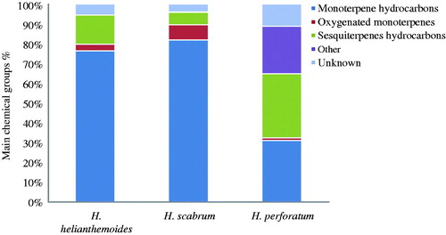 Figure 1. Comparison of main chemical groups (%) of the essential oils of the three studies Hypericum species.