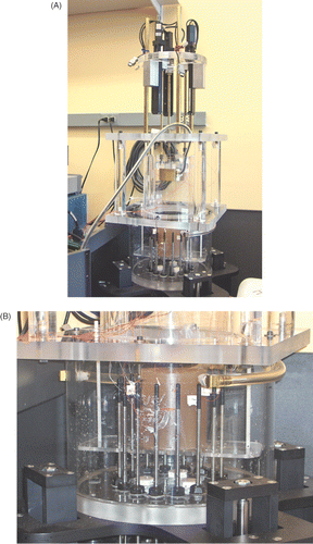 Figure 1. Photograph of the experimental set-up showing: (A) the overall experimental configuration (with the coupling liquid removed) and (B) a close-up of the imaging chamber with the gel phantom surrounded by the monopole antennae which pass through the floor of the tank and can be vertically positioned to the desired height.
