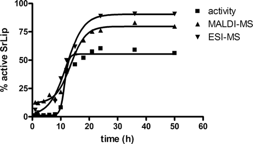 Figure 1.  Time-course of SrLip–DCI complex reactivation after incubation of 4.55 µM Streptomyces rimosus lipase with the 10-fold molar excess of DCI, followed by activity assay and mass spectrometric (MALDI-MS and ESI-MS) measurements. Curve fitting performed in GraphPad Prism 4.0. DCI, 3,4-dichloroisocoumarin; ESI, electro-spray ionization; MALDI, matrix-assisted laser desorption/ionization; MS, mass spectrometry; SrLip, Streptomyces rimosus lipase; TOF, time-of-flight.