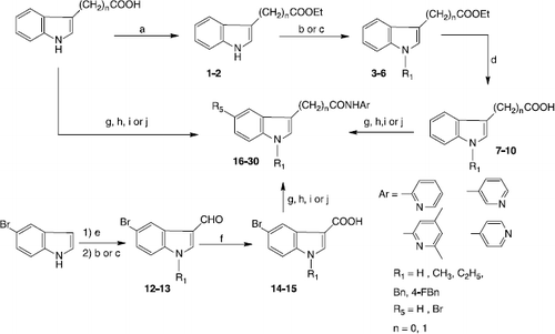 Scheme 1 Synthesis of indo-3-ylcarboxamides and acetamides 16-30. Reagents and conditions: (a) 1M HCl, EtOH, reflux; (b) NaH, DMF, CH3I or C2H5I, rt; (c) Cs2CO3, CH3CN, BnCl or 4F-BnCl, reflux; (d) 1) 2M NaOH, EtOH, reflux, 2) 2M HCl; (e) POCl3, DMF, 10 °C; (f) NaClO2, NaH2PO4, 2-methyl-2-butene, tBuOH, THF, rt; (g) 2-chloro-1-methylpyridinium iodide, THF, reflux; (h) PPh3, CBrCl3, THF, reflux; (i) phenyldichlorophosphate, CH2Cl2, rt; (j) DCC, THF, rt.