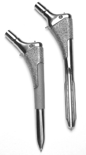 Figure 2. The distally tapered, extensively coated stem (VerSys Fiber Metal Taper) (left) and the straight, proximally coated stem (VerSys Fiber Metal MidCoat) (right).