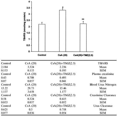Figure 1. Effect of trimetazidine on CsA-induced lipid peroxidation. Values expressed as mean ± SEM. *p < 0.05 as compared to control group, **p < 0.05 as compared to CsA group. (One-way ANOVA followed by Dunnett's test).