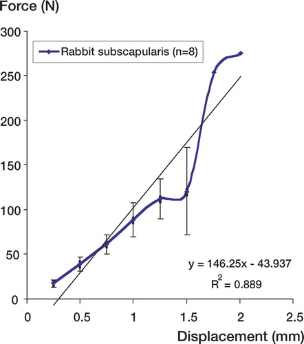 Figure 4. Force (N) versus displacement (mm) curve of rabbit subscapularis tendon. The average ultimate load was 112 N (SEM 23). The averaged ultimate deformation was 1.3 mm (SEM 0.15) and the stiffness (slope) was therefore 146 N/mm