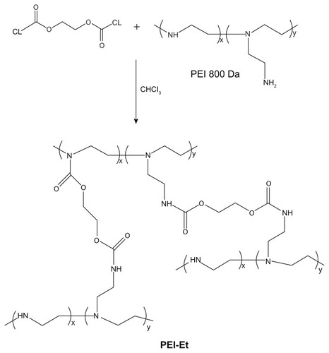 Figure 1 Reaction scheme of PEI-Et.Abbreviations: PEI, polyethylenimine; PEI-Et, PEI derivative with ethylene biscarbamate linkage.