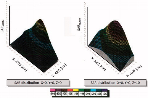 Figure 10. SAR distributions for antenna-dielectric media distance d = 9 cm (case III).