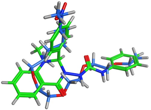 Figure 6. Flexible alignment of compound 6e (thick green sticks) with the co-crystallised ligand; C8E [hydroxyethyloxy)tri(ethyloxy)octane] (thick blue sticks) of 15-LOX (PDB: 4NRE).