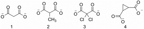 Figure 1. Malonate (1), 2-methylmalonate (2), 2,2-dichloromalonate (3), 1,2-cyclopropanedicarboxylate (4).