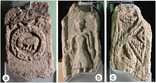 Fig. 5. The Kings Ripton cross fragment: a) broad face A; b) right-hand narrow face B; c) left-hand narrow face DPhotos and copyright authors
